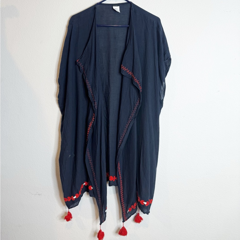 J. Crew navy blue red trim oversized kimono cardigan duster OS